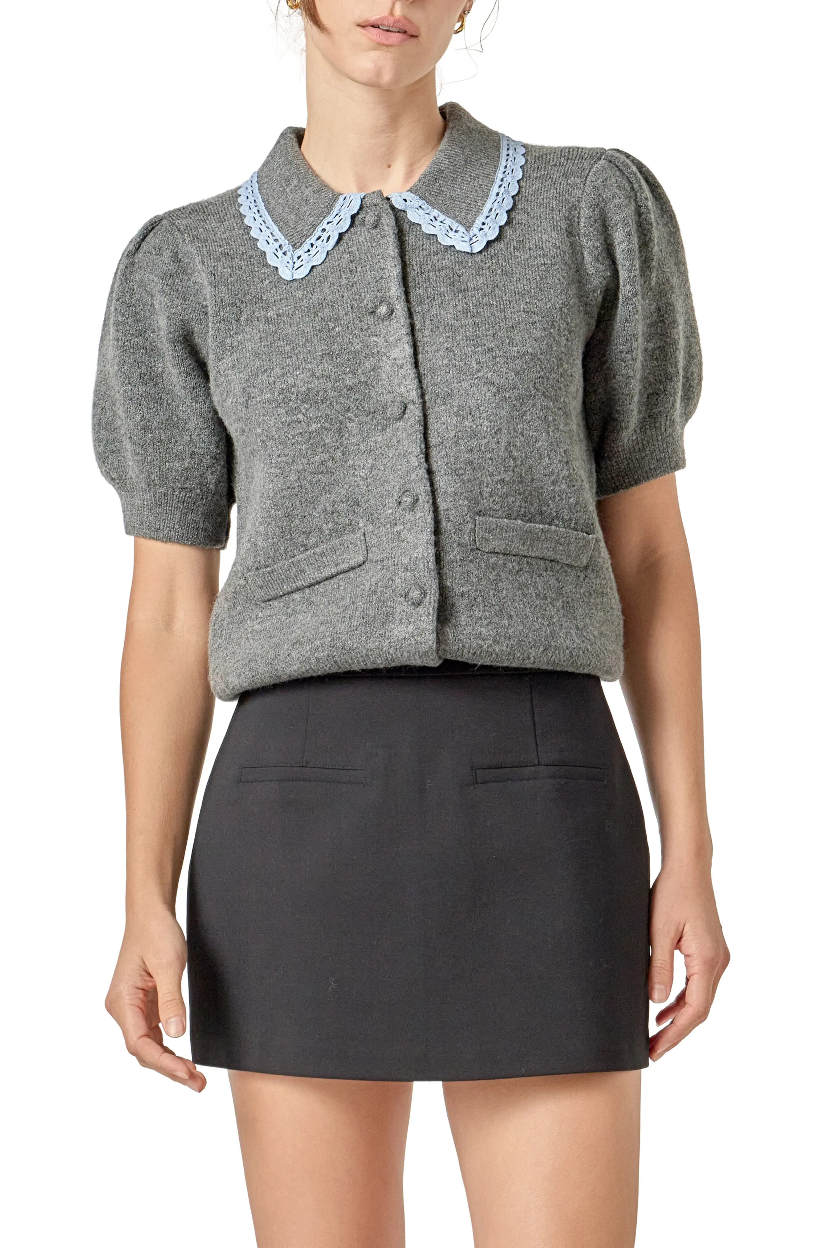 English Factory Lace Trim Puff Sleeve Cardigan (Women) | Nordstrom | Nordstrom