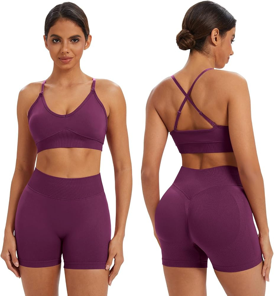 ABOCIW Womens 2 Piece Workout Sets Adjustable Strap V Neck Sports Bra Tummy Control Biker Shorts ... | Amazon (US)