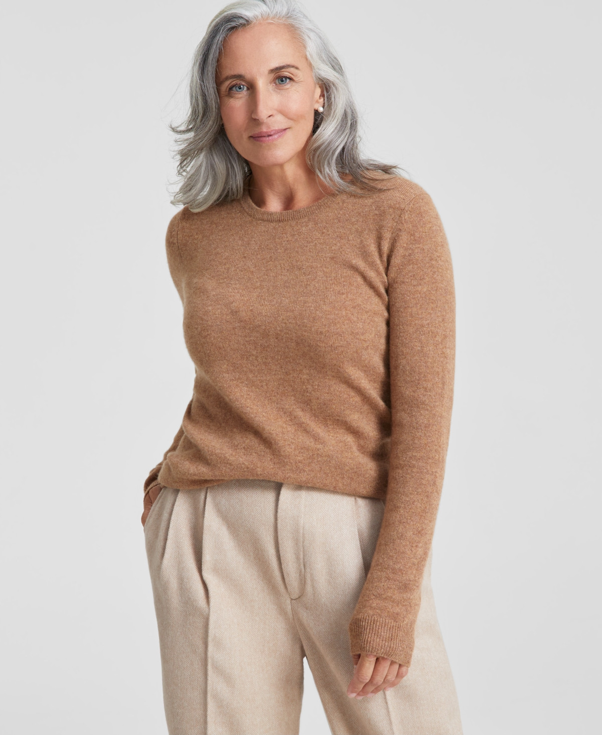 Charter Club 100% Cashmere Women's Long-Sleeve Crewneck Sweater, Created for Macy's - Warm Praline Heather | Macy's