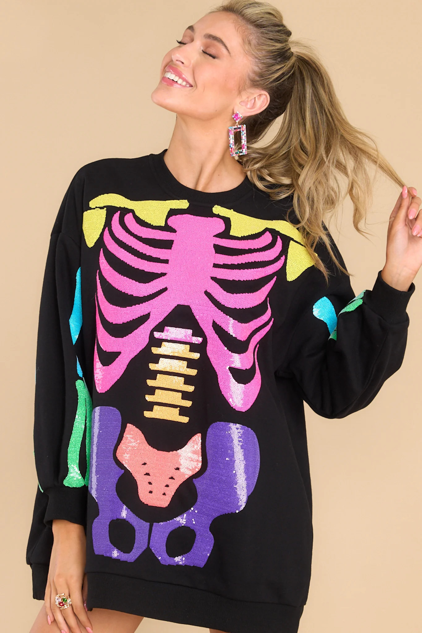 Black Rainbow Skeleton Sweatshirt Dress | Red Dress 