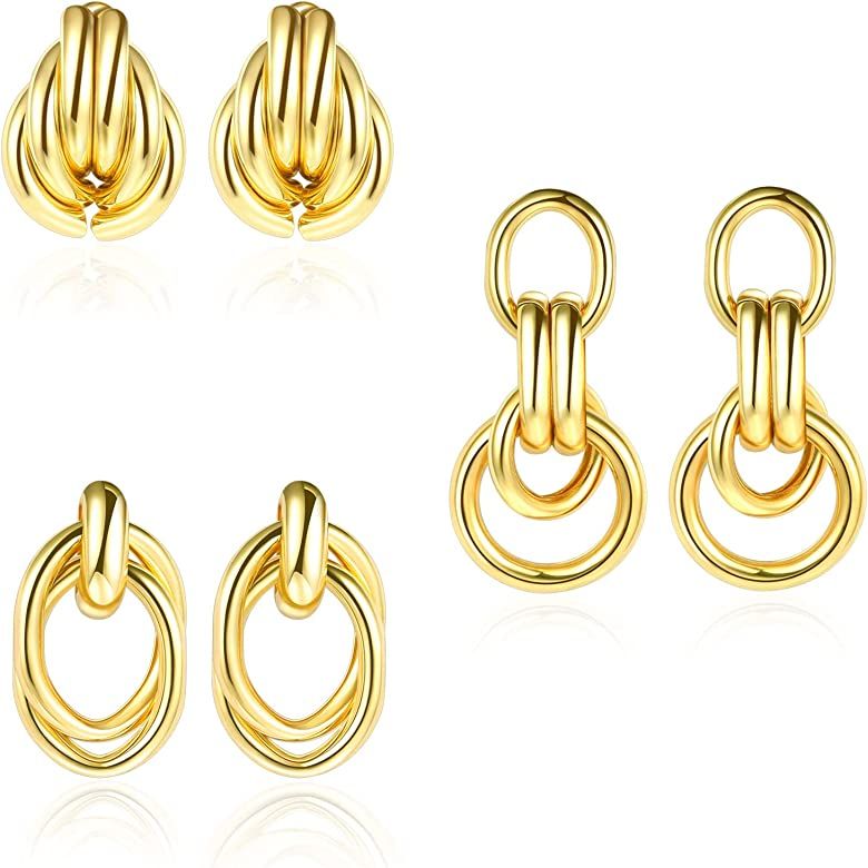 Mevorimp 3 Pairs Gold Hoop Drop Earrings Geometric Double Circle Knot Dangle Chunky Long Chain St... | Amazon (US)