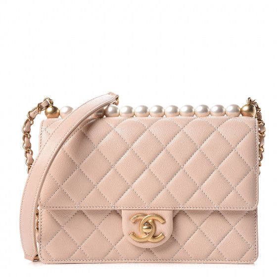 CHANEL Lambskin Quilted Small Chic Pearls Flap Beige | Fashionphile