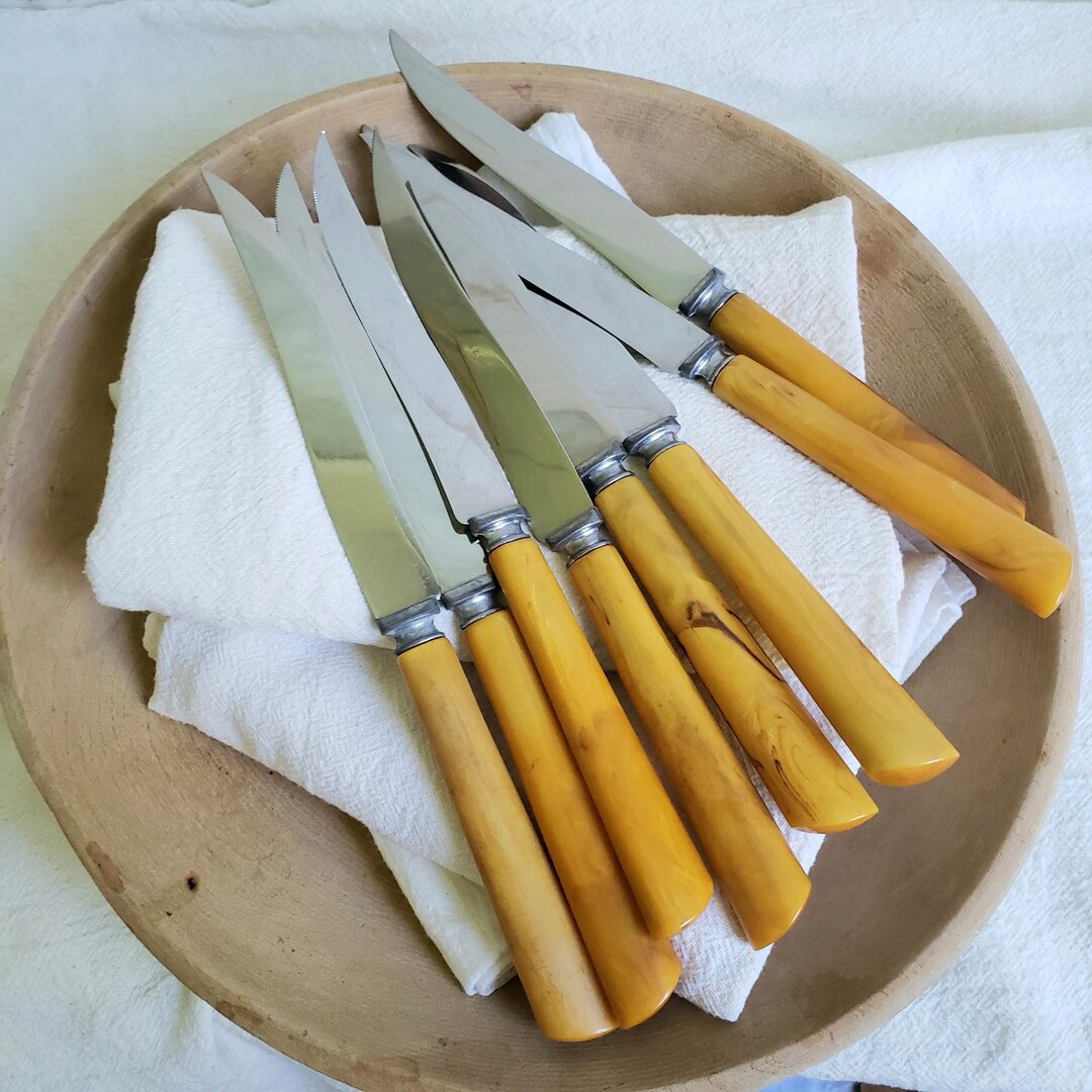 Bakelite Steak Knife Set of 8, Vintage Stainless Steel Knives With Butterscotch Bakelite Handles ... | Etsy (US)