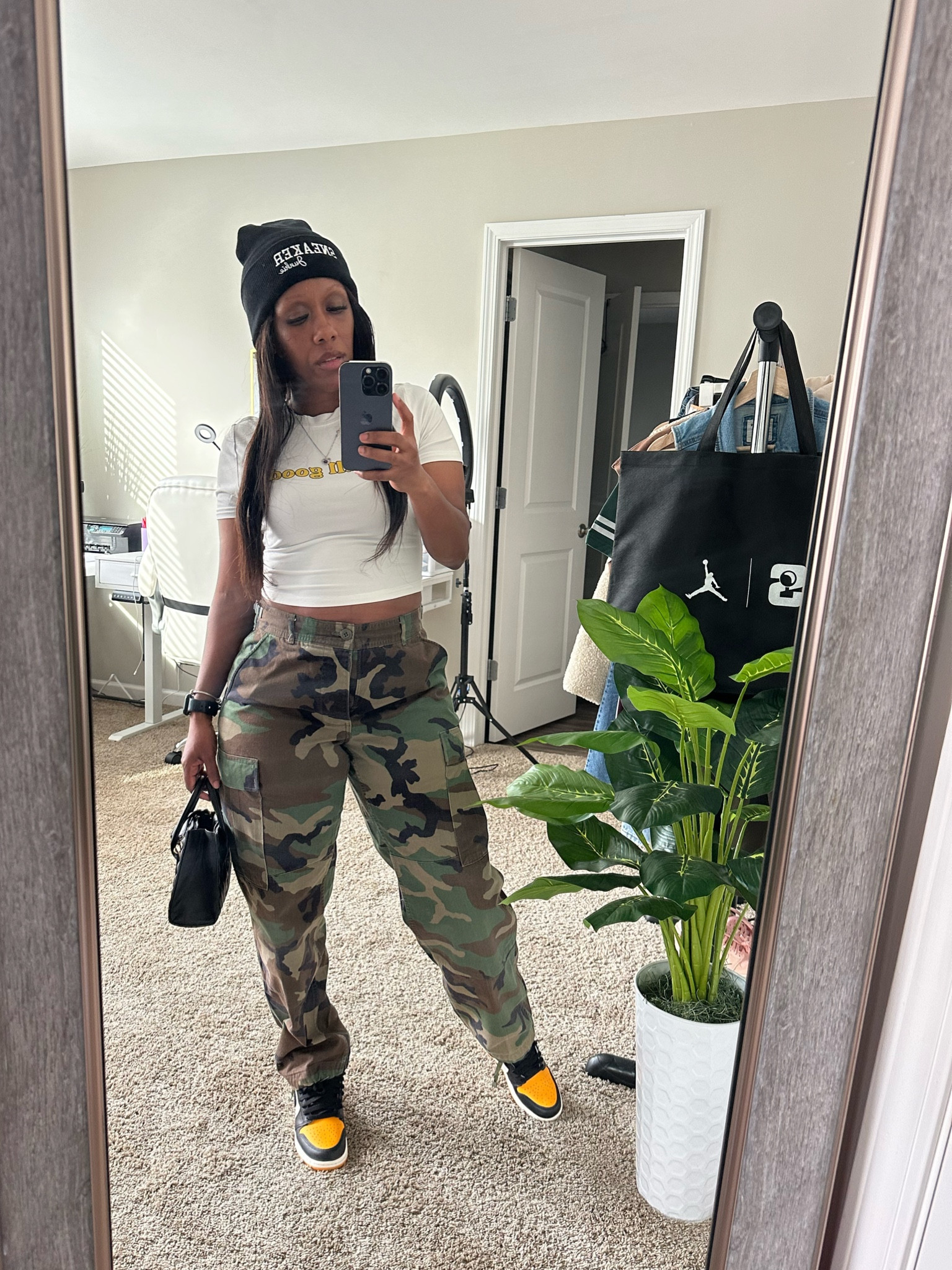 Camo pants with graphic tee. I styled this casual outfit with a black beanie, black purse, and Jordan 1 taxi sneakers

#LTKStyleTip #LTKFindsUnder100 #LTKShoeCrush