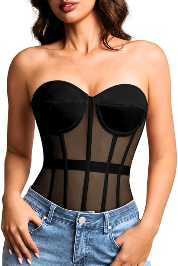 Kaei&Shi Sheer Mesh Overbust Corset,Sexy Strapless Lace Up Satin Bra Corsets Top For Women Shapew... | Amazon (US)
