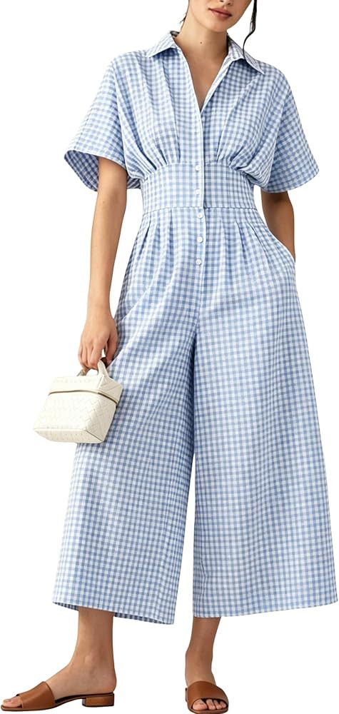 Yeokou Women's Gingham Button Down Jumpsuits Short Sleeve Pleated High Waist Wide Leg Pocketed Ca... | Amazon (US)