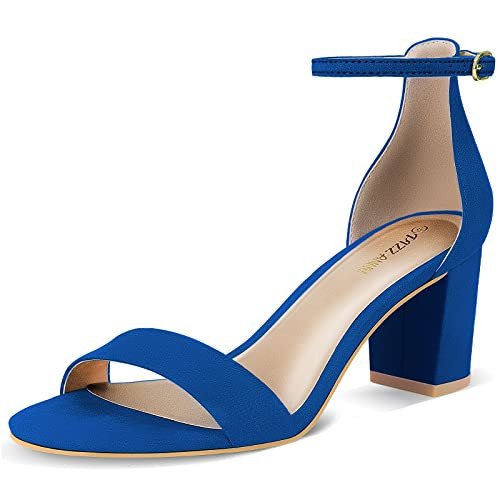 PIZZ ANNU Women's Open Toe Ankle Strap Low Block Chunky Heels Sandals Party Dress Pumps Shoes Strappy Buckle Sandals with 2.6" Tall Thick Heel Design, Blue 10 | Amazon (US)