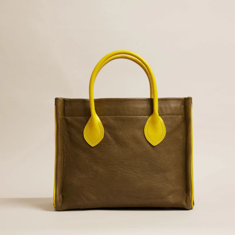 Parker - Olive Leather with Yellow Leather Saddle Handle and Piping | Parker Thatch