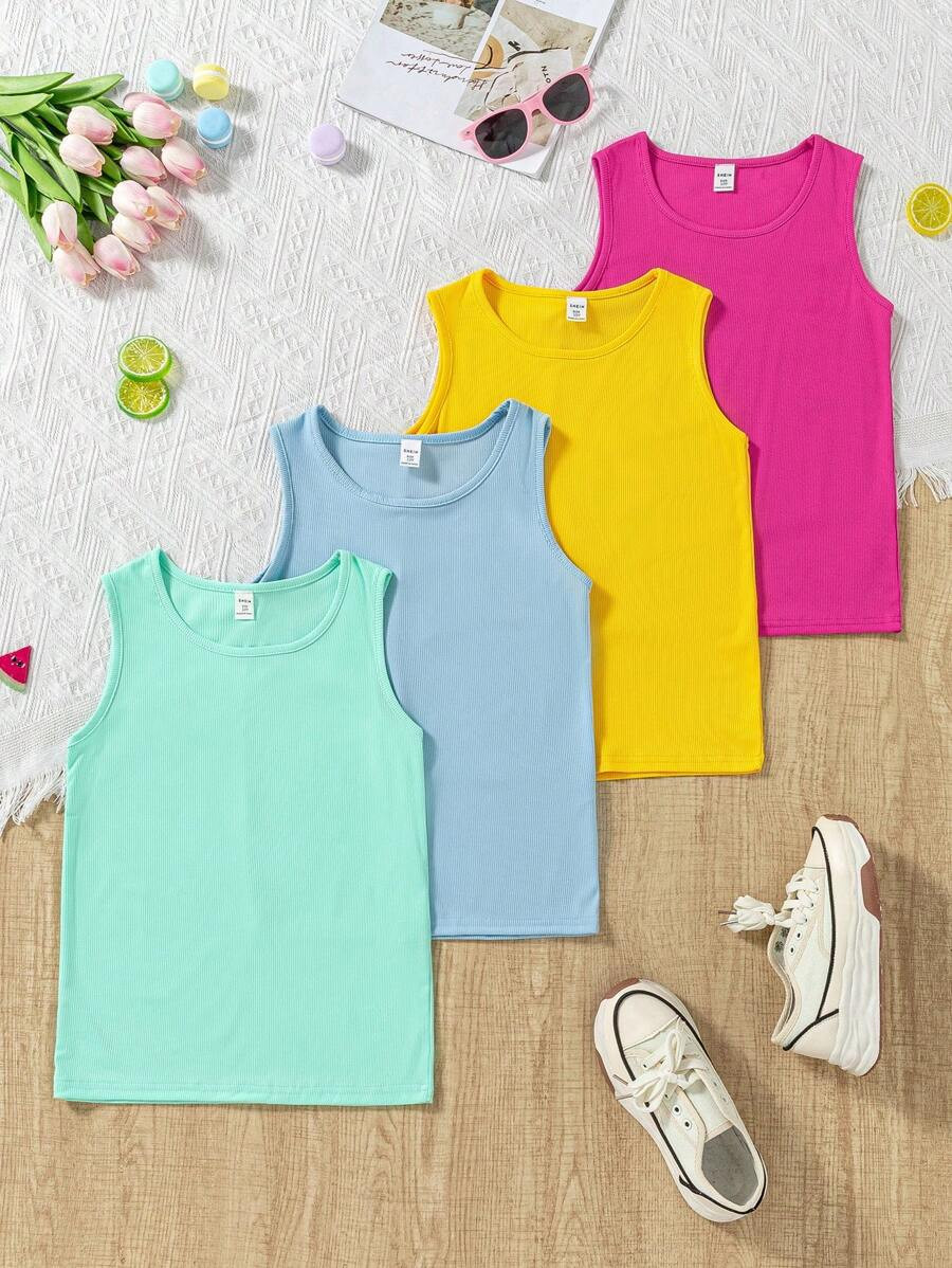 Sparklyn Tween Girl 4-Pack Basic Solid Color Ribbed Camisoles, Casual Everyday Wear, School, Camp... | SHEIN
