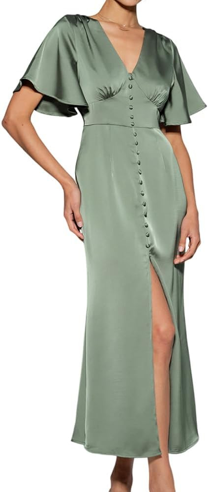 RIHOAS Women Satin Midi Dresses - V Neck Ruffled Formal Cocktail Party Wedding Guest Prom Date Ni... | Amazon (US)