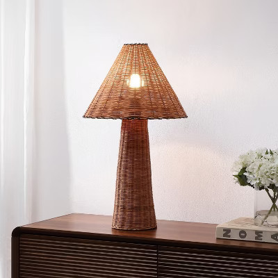 JONATHAN Y Kara 26.5" Modern Coastal Woven Rattan Tapered Cylinder LED Table Lamp, Dark Brown | Target