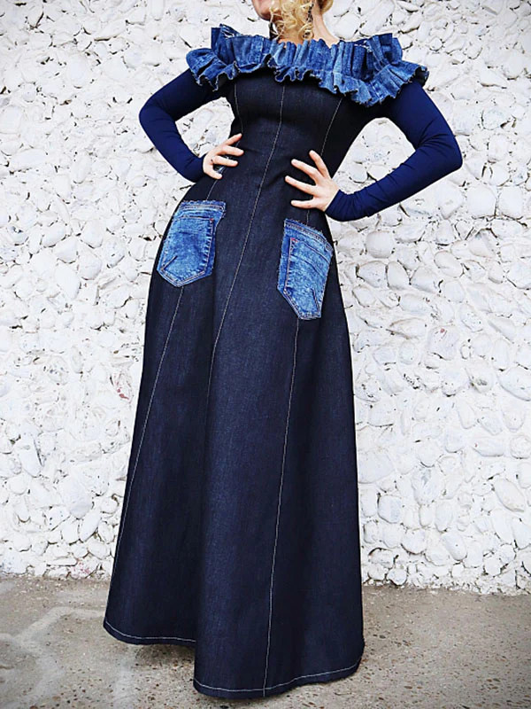 Ekartini A-Line Long Sleeves Patchwork Pockets Ruffle Trim Round-Neck Maxi Dresses - A-Line Long Sleeves Patchwork Pockets Ruffle Trim Round-Neck Maxi Dresses | Shop.app