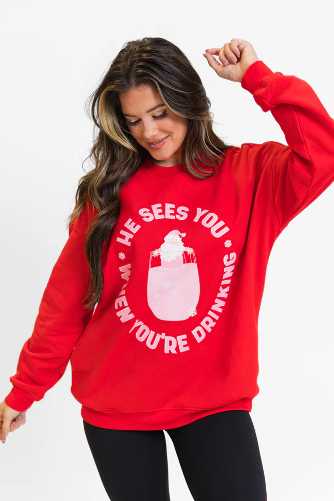 He Sees You When You're Drinking Red Oversized Graphic Sweatshirt DOORBUSTER | Pink Lily