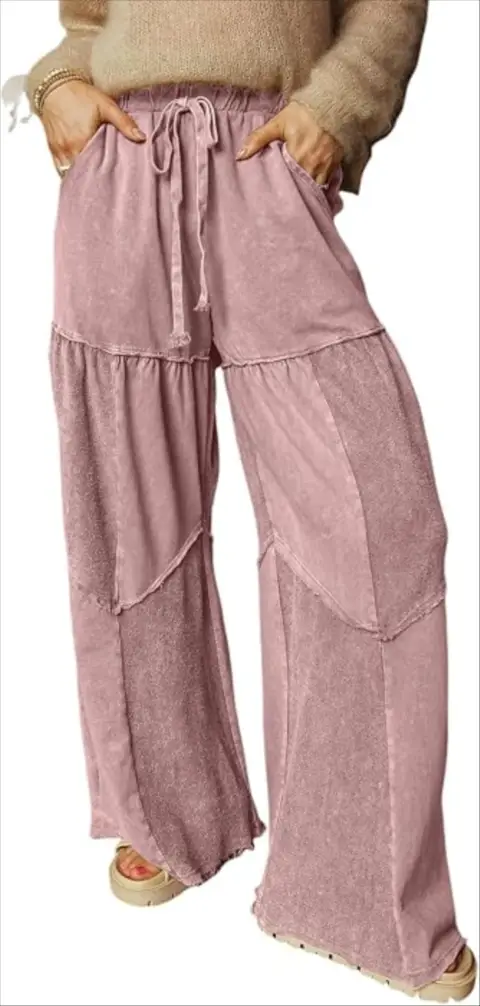 Palazzo Pants for Women Wide Leg High Waist Mineral Wash Drawstring Lounge Pant with Pockets Casu...