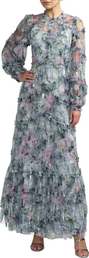 Floral Long Sleeve High Neck Ruffle Detail Gown | Nordstrom