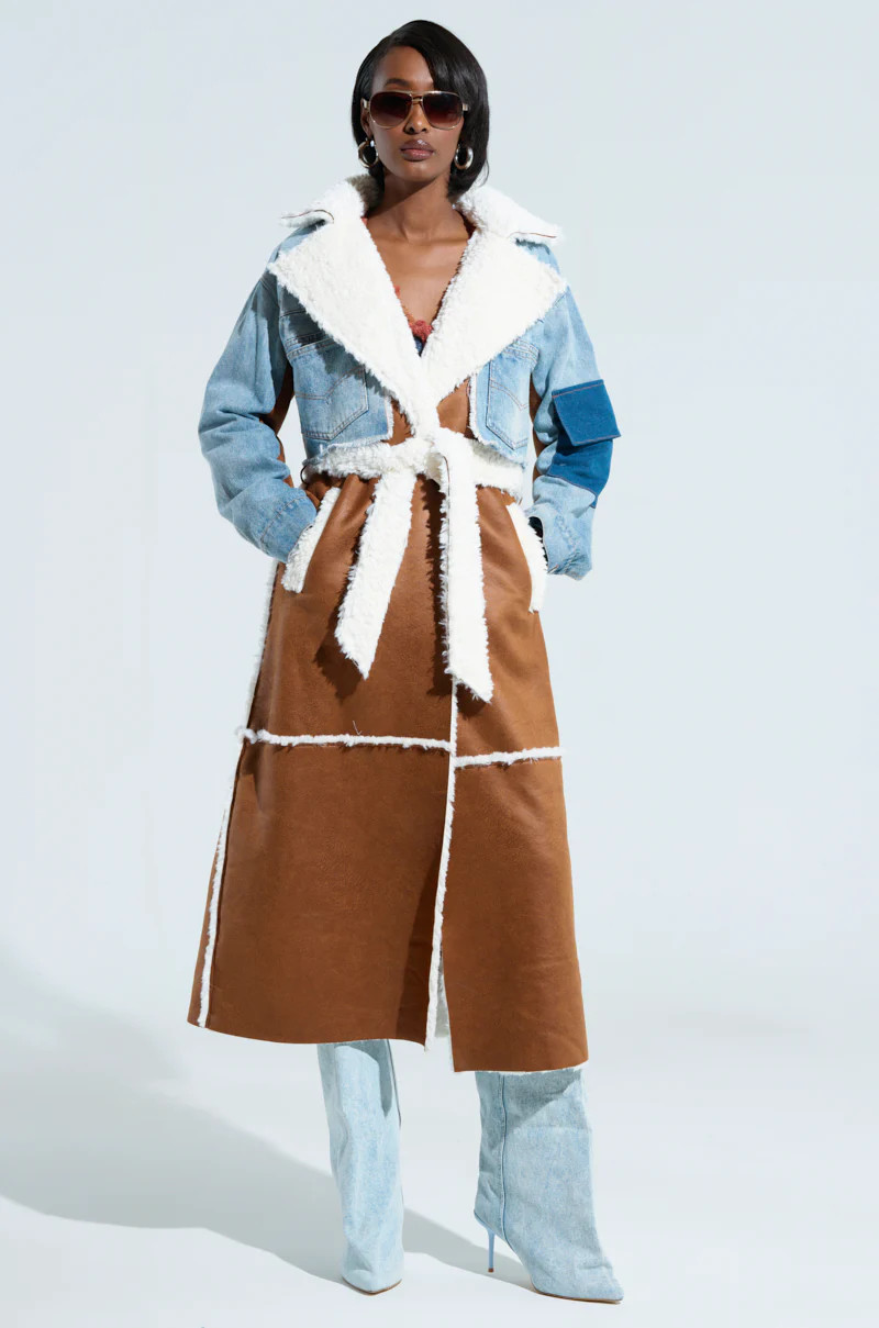 AZALEA WANG AMINA SHEARLING TRENCH WITH DENIM CROP | AKIRA