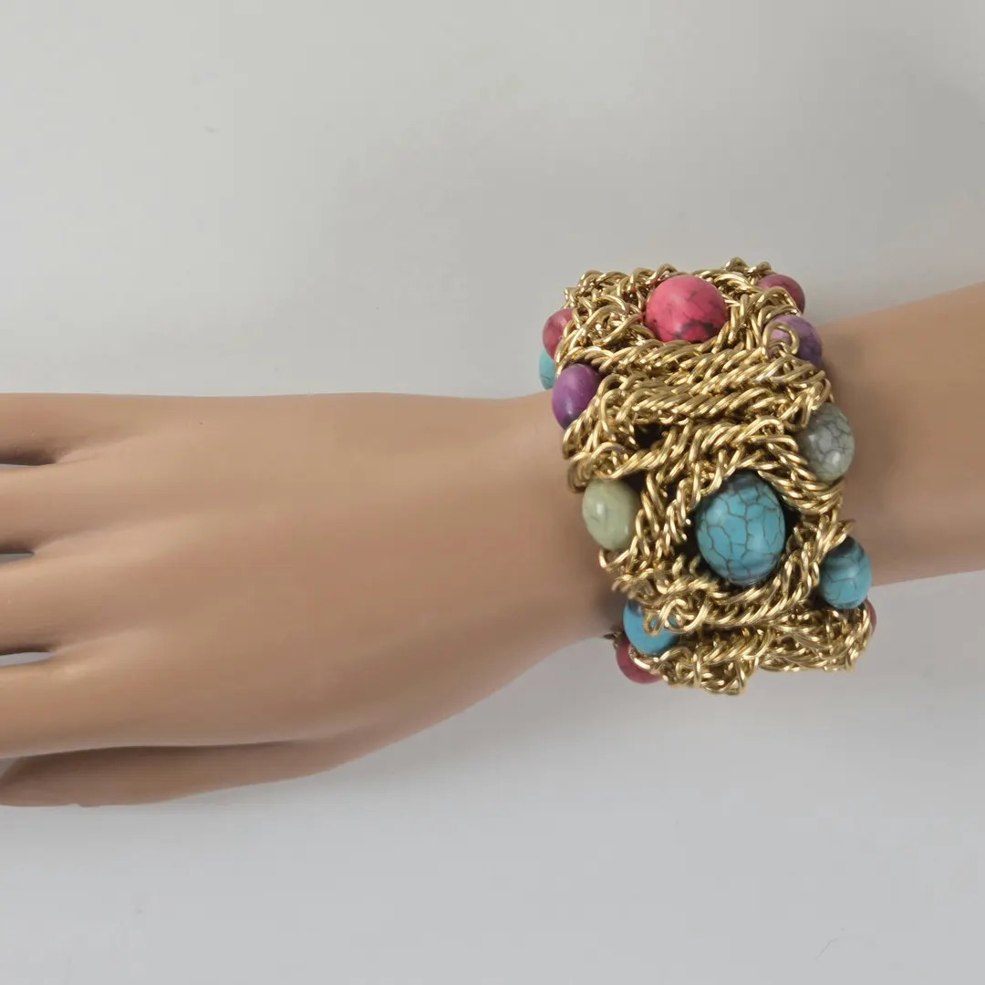 Chunky Gold Chainmail Cuff, Egg Shaped Colorful Beads | Etsy (US)