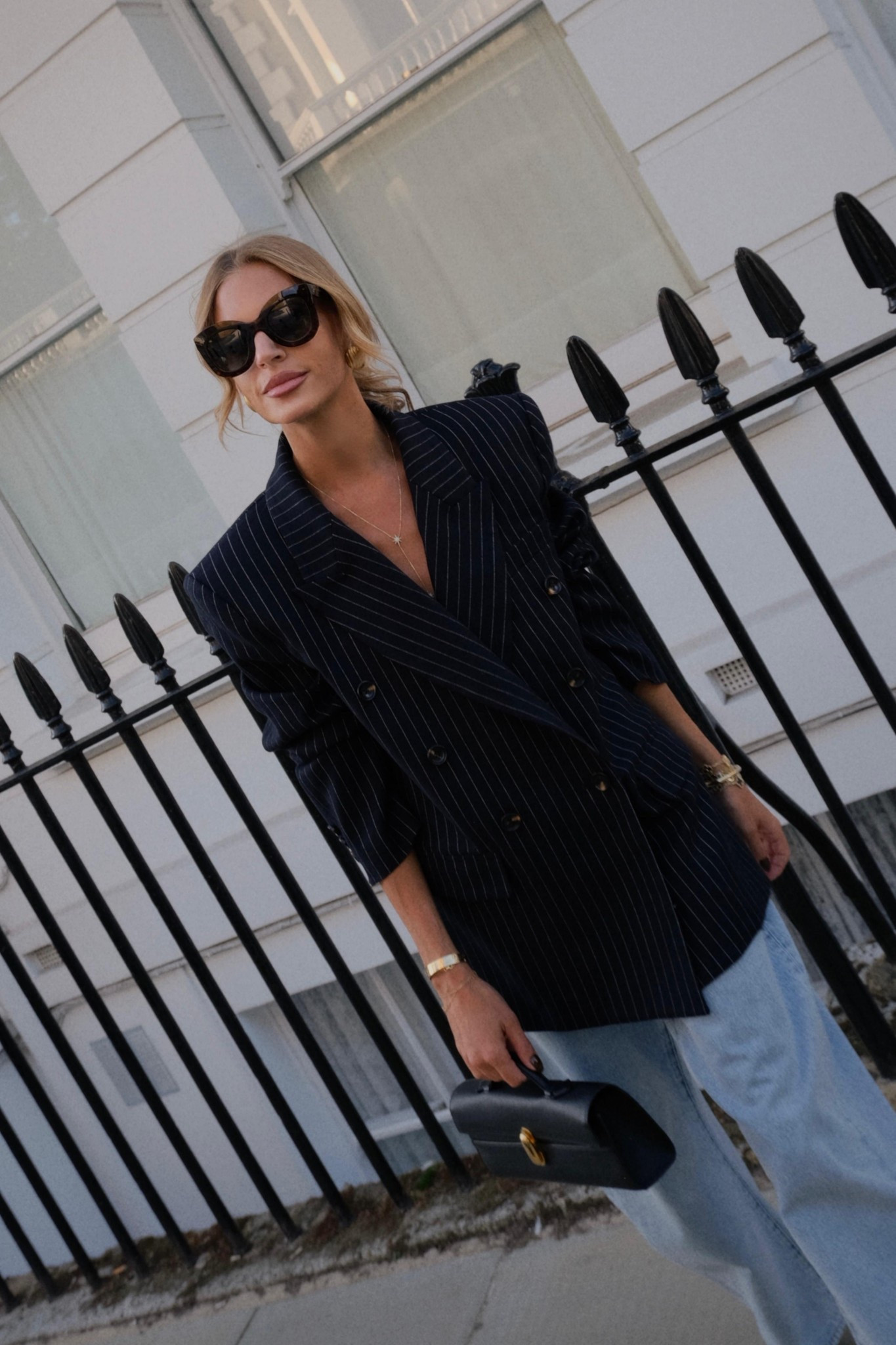 Pinstripe blazer frame bubble jeans 