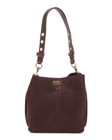 Made In Italy Suede Dual Compartment Bucket Bag With Studs On Strap | TJ Maxx