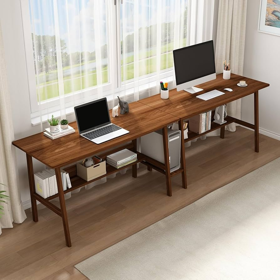 2-Person Writing Desk with Bookshelf - 110" Wooden Extra Long Home Office Work Table, Double Stud... | Amazon (US)