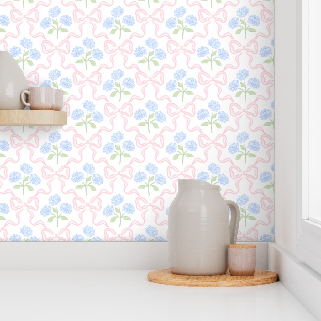 Wallpaper in Blue Hydrangea Bouquet with Pink Bow Trellis Lattice Scallop Grand 127 | Spoonflower