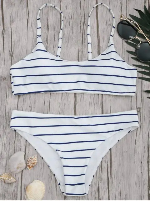 Padded Striped Bralette Scoop Bikini Set - Blue And White S | ZAFUL (Global)