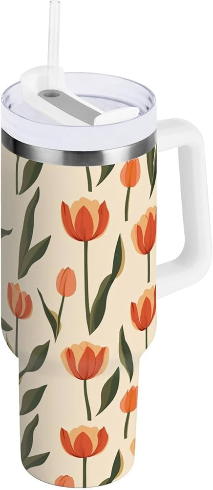 Large Orange Flowers Tulip 40 oz Tumbler with Handle Straw Lid | Insulated Cup Reusable Stainless... | Amazon (US)