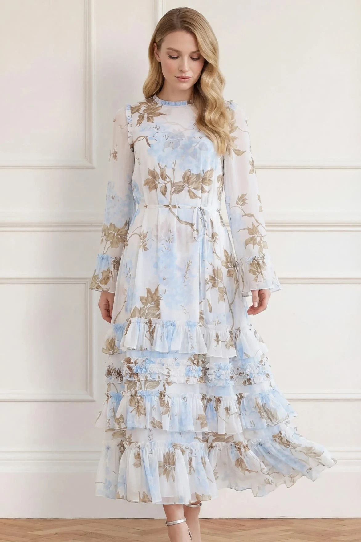 Wisteria Chiffon Round Neck Ankle Gown | Needle & Thread