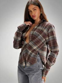 Denimoi Women's Twisted Front Low Neck Plaid Top | SHEIN