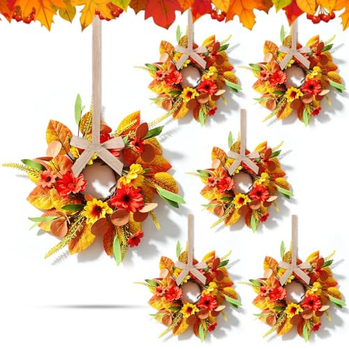 6 PCS Mini Fall Floar Wreaths for Front Door Artificial Thanksgiving Wreath for Kitchen Cabinet with Daisy Leaves Autumn Candle Ring Wreaths Hanging Swags for Home Fireplace Porch Window Wall Decor | Amazon (US)