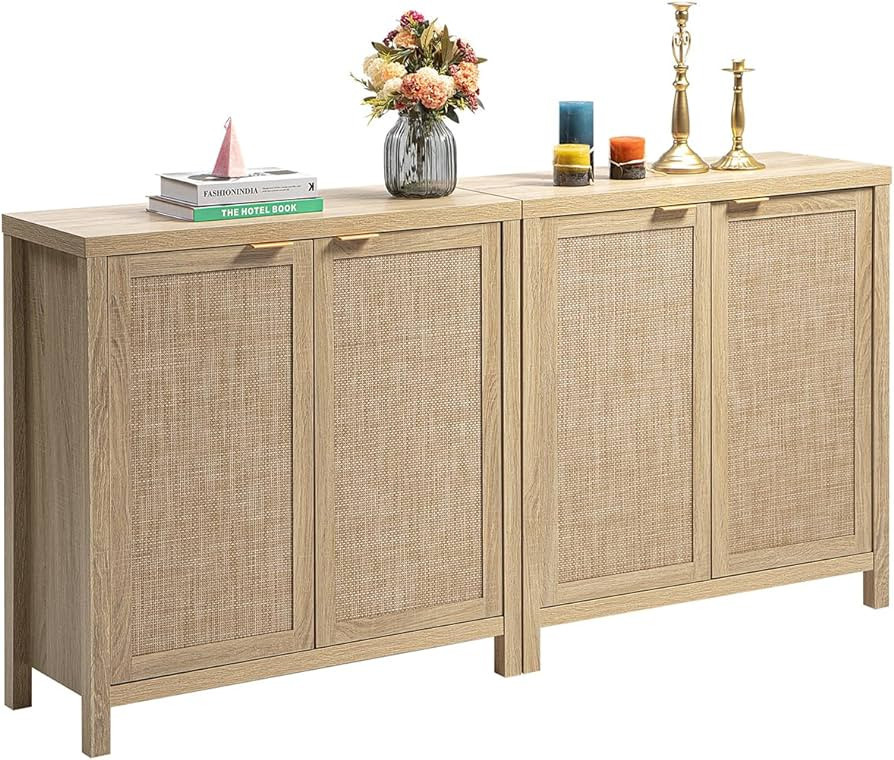 SICOTAS Credenza Sideboard Buffet Cabinet - Boho Rattan Kitchen Storage Cabinet with 4 Rattan Dec... | Amazon (US)