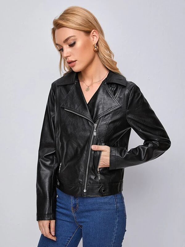 Cazadora moto PU con cremallera | SHEIN