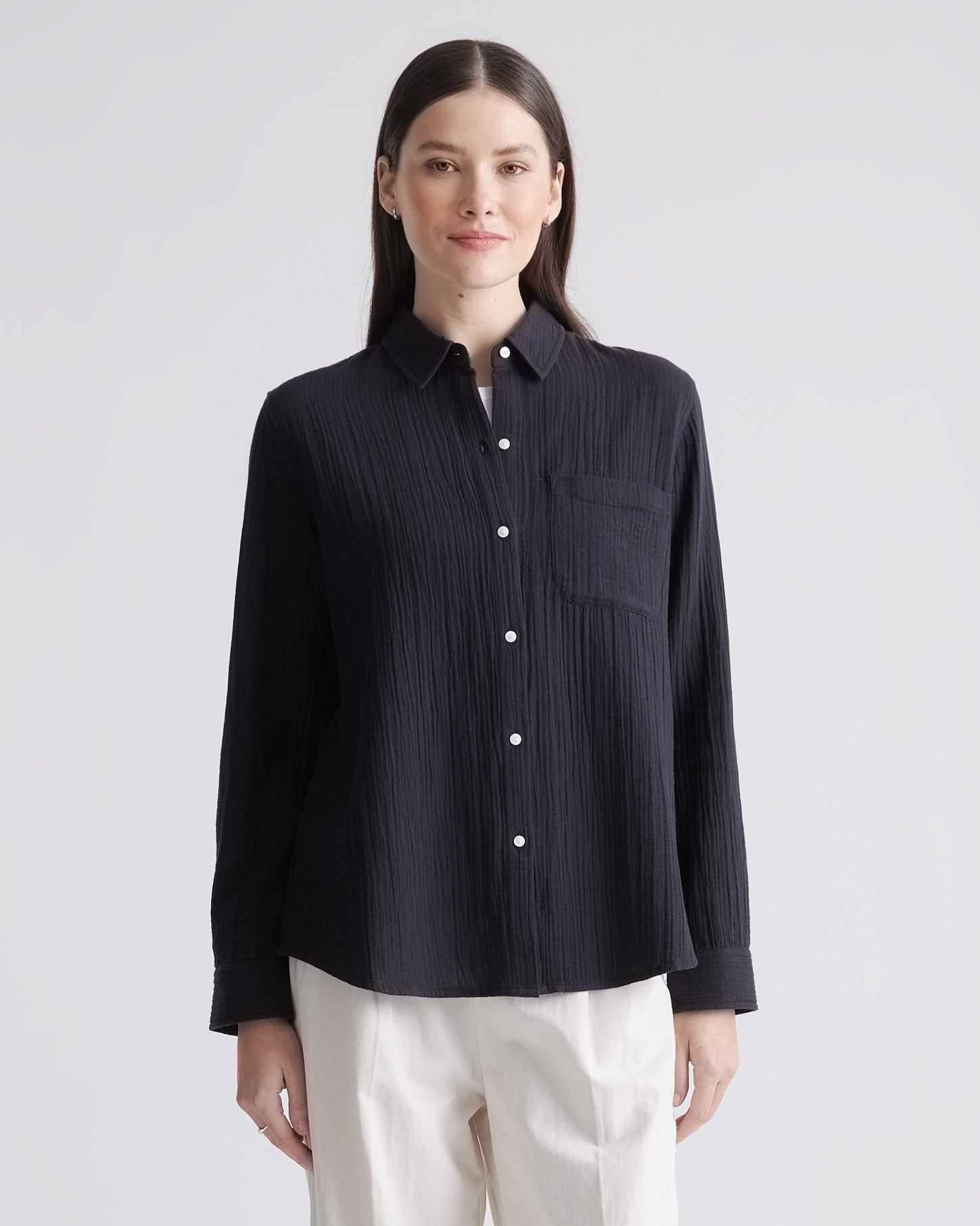 Quince | Women's Gauze Long Sleeve Shirt in Black, Size Large, Organic Cotton | Quince