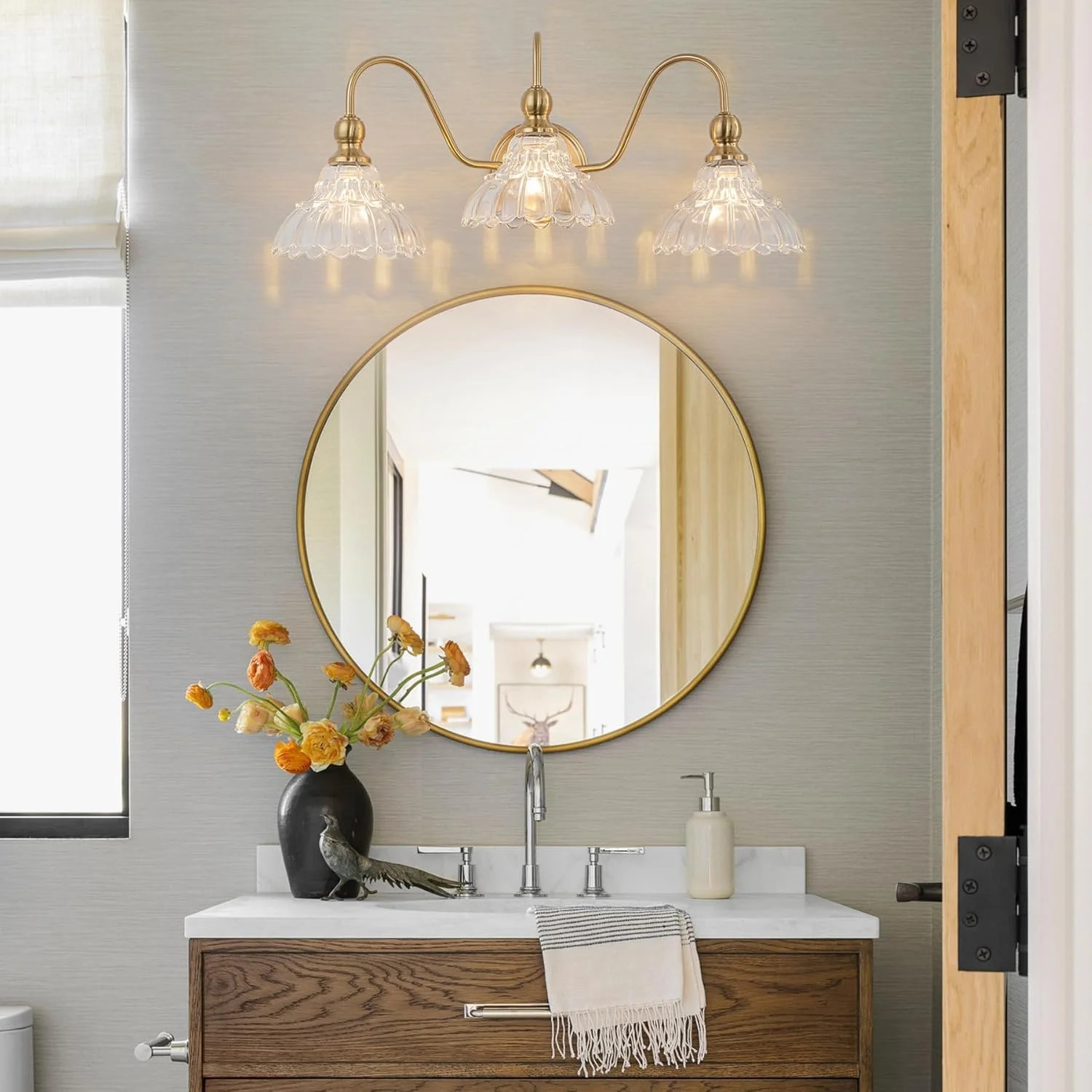 SineRise Vintage 3-Light Brass Wall Sconce Lighting with Flower Glass Shade for Bathroom Bedroom ... | Walmart (US)