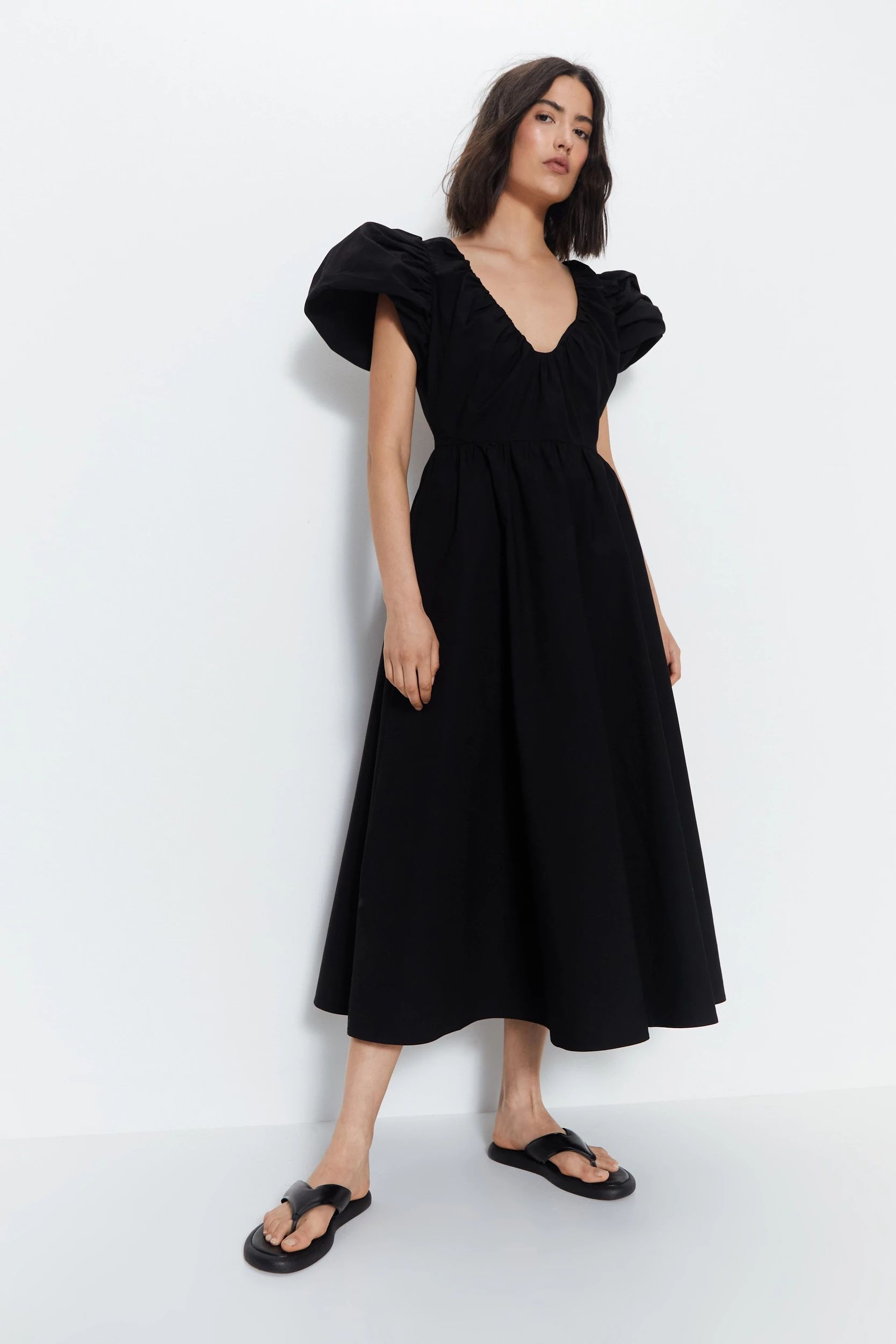 Structured Puff Sleeve V Neck Dress | Warehouse UK & IE