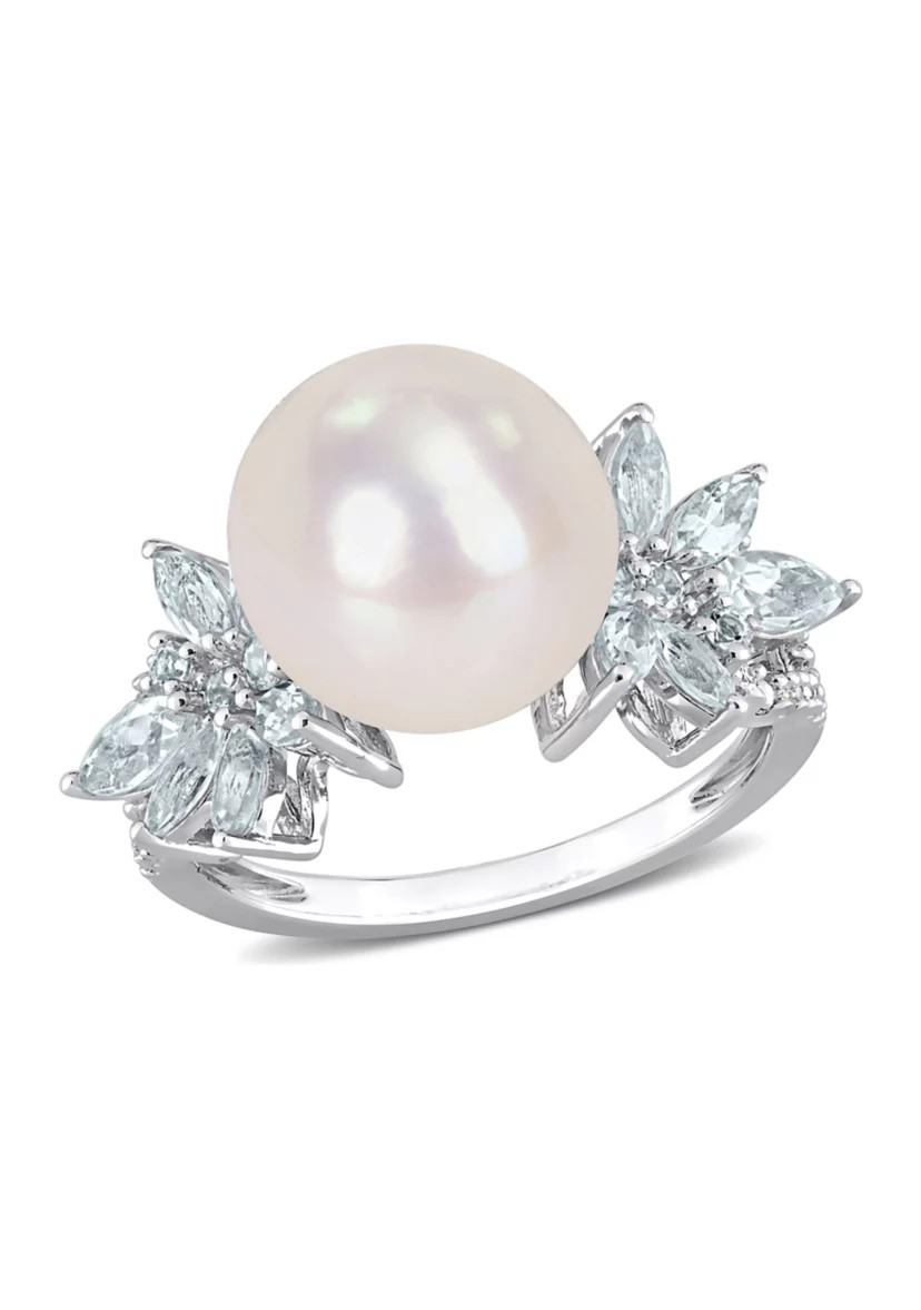 11-12mm Cultured Freshwater Pearl and 1 1/5 CT TGW Aquamarine and 1/10 CT TW Diamond Flower Ring ... | Belk