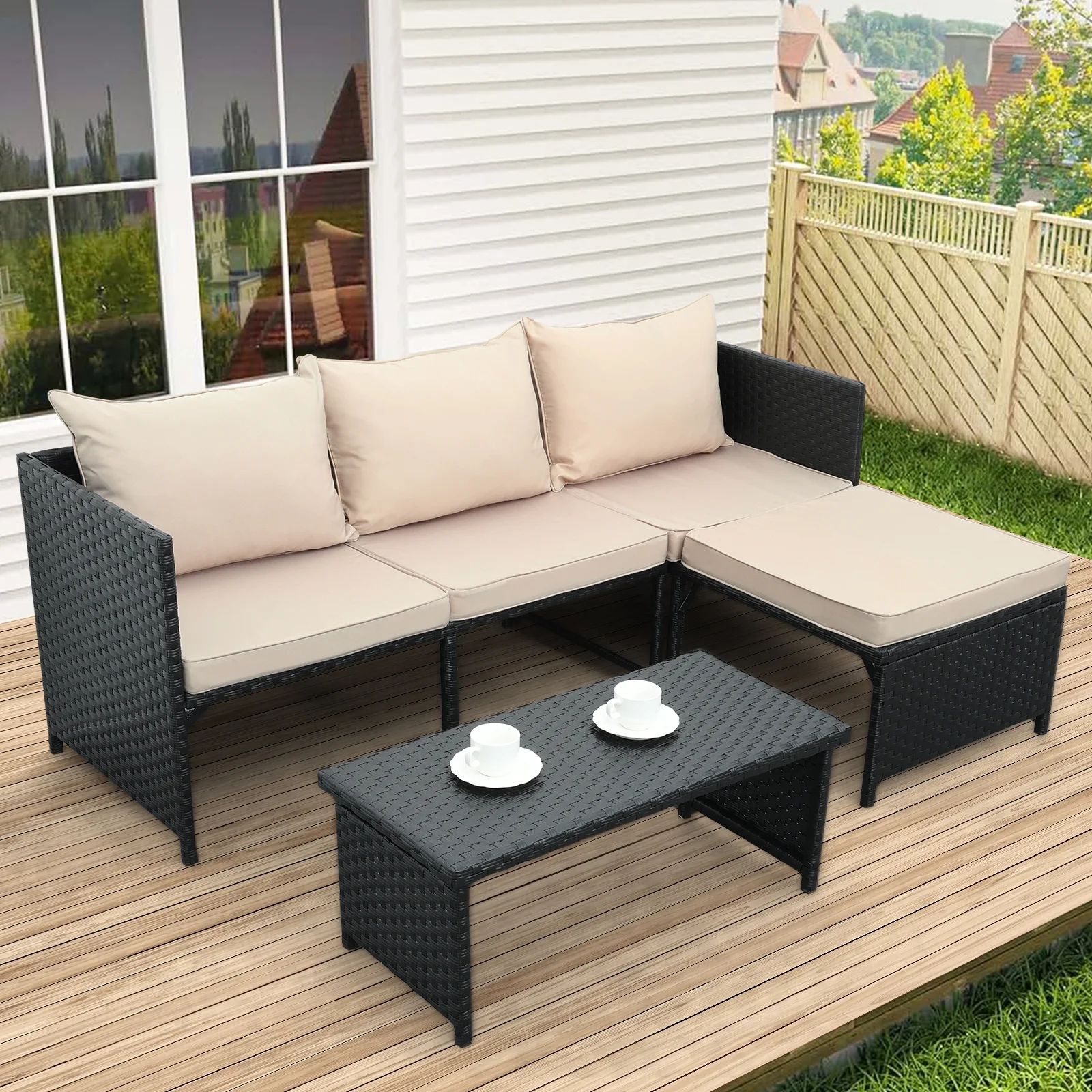 Waroom 3 Pieces Patio Conversation Sets Outdoor Wicker Furniture with Coffee Table,Khaki, Powder ... | Walmart (US)