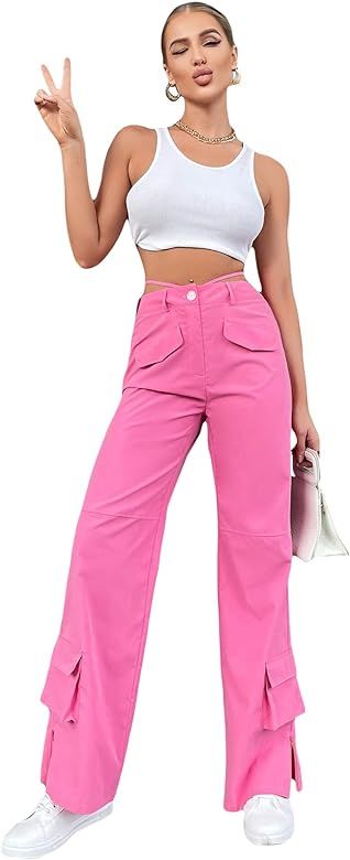 WDIRARA Women's High Waisted Tie Back Split Hem Cargo Pants with Flap Pockets Pink L at Amazon Wo... | Amazon (US)