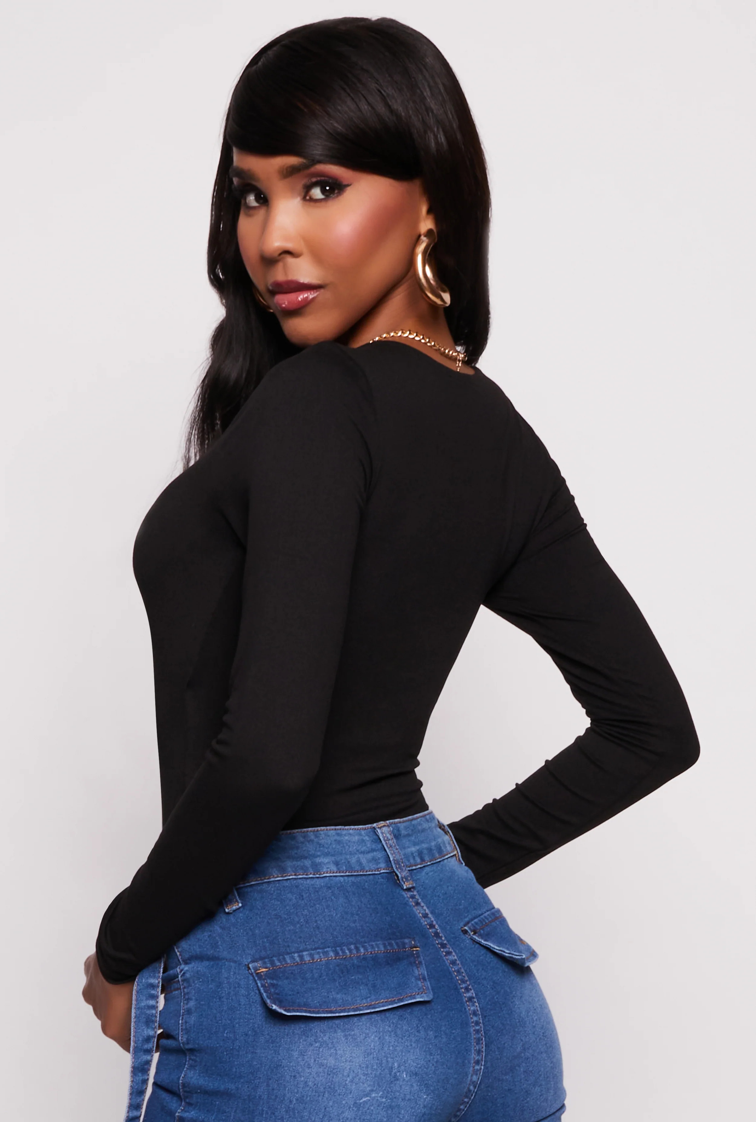 Basic V Neck Long Sleeve Bodysuit | Rainbow Shops