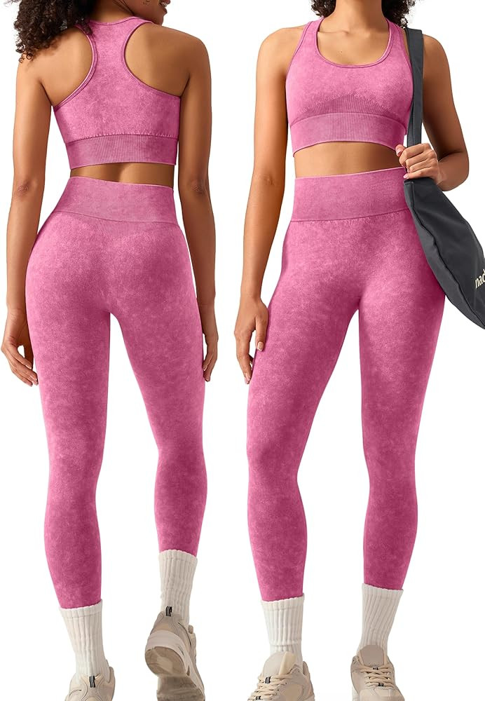 Amazon.com: OLCHEE Womens Workout Sets 2 Piece - Acid Wash Seamless Yoga Outfits High Waist Leggi... | Amazon (US)