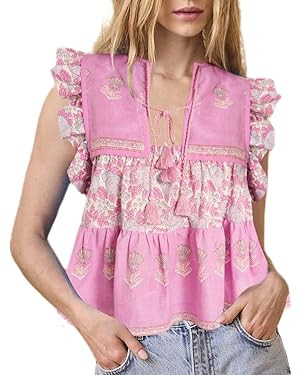 Women Boho Tie Front Peplum Top Floral Print Flowy Fringe Shirt Square Neck Ruffle Tank Top Going... | Amazon (US)