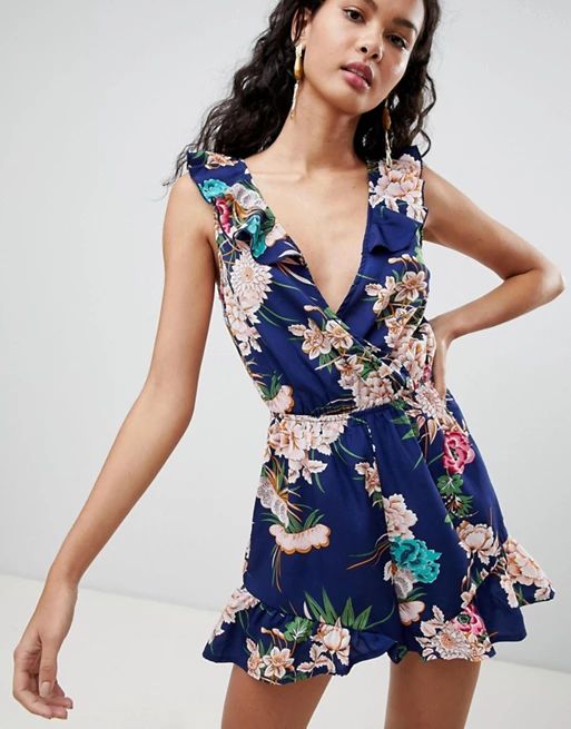 Parisian Floral Print Sleeveless Wrap Romper With Frill Detail | ASOS US