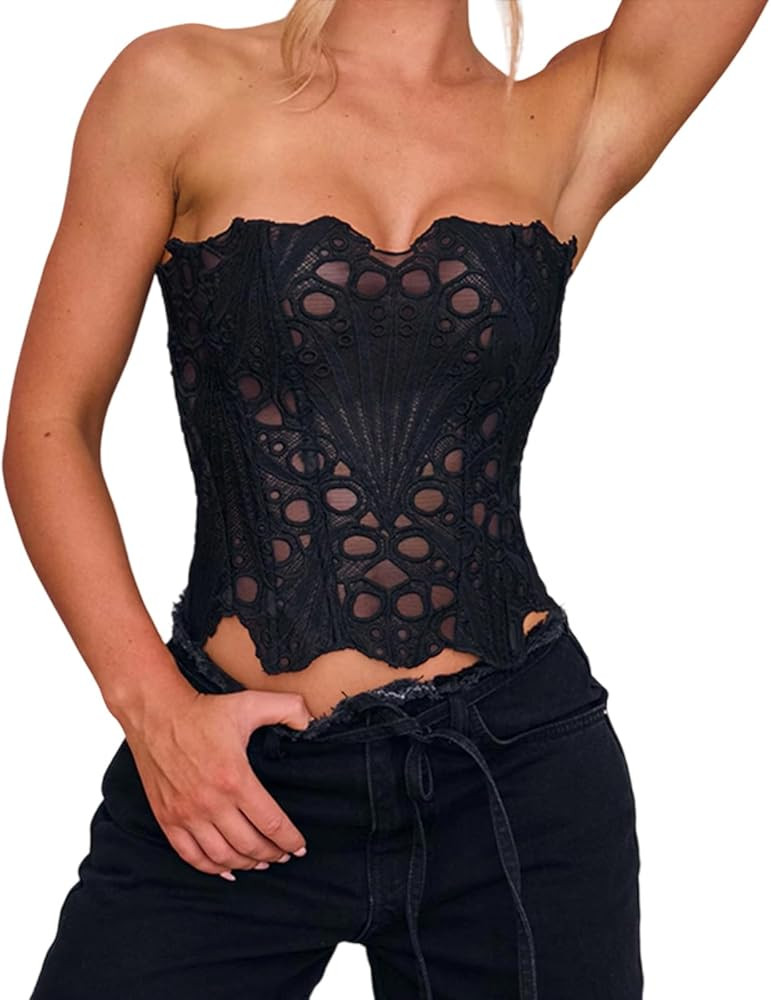 Argeousgor Women Lace Bustier Corset Tops Y2K Boned Mesh Strapless Tube Top Floral Overbust Crop ... | Amazon (US)