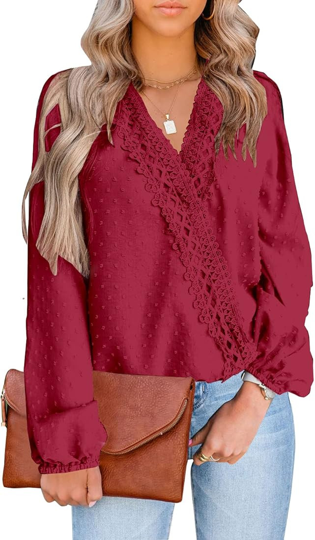 LOLONG Womens Short/Long Sleeve Tops V Neck Chiffon Blouses Dressy Casual Lace Pom Poms Shirts | Amazon (US)