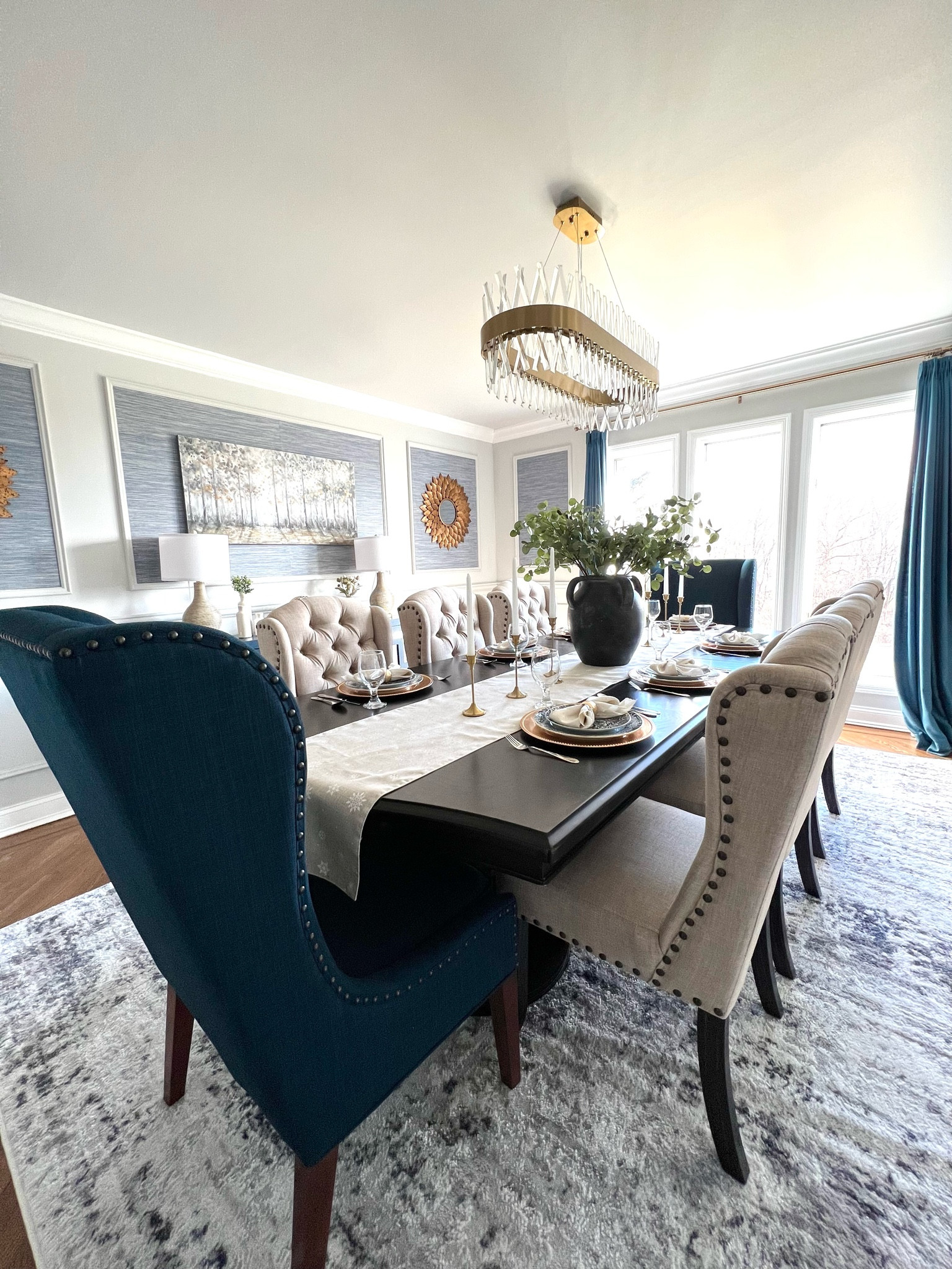 Formal dining room. Dining room design. Dining room styling. Dining table. Dining chairs. Rug. Wallpaper. Tablescape. Table runner. Curtains. Decor. Dinnerware. Vase. Pottery Barn. Wayfair. Amazon. Target.

#LTKFind 

#LTKhome #LTKstyletip