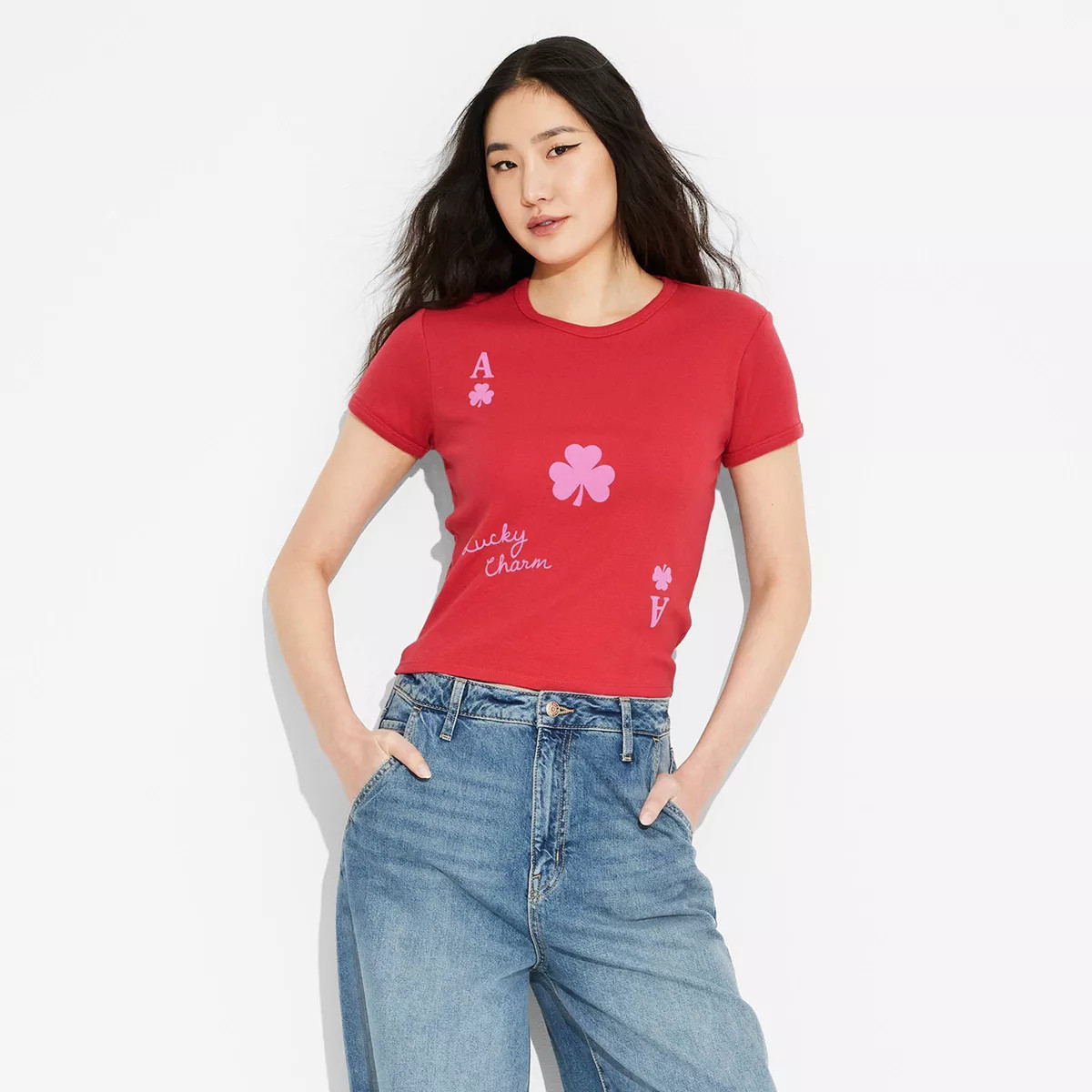 Women's Lucky Charm Ace of Clubs Short Sleeve Graphic Baby T-Shirt - Red | Target