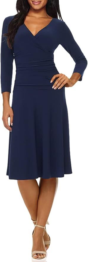 Rekucci Women's Slimming 3/4 Sleeve Fit-and-Flare Crossover Tummy Control Dress (4, Navy Blue 640... | Amazon (US)