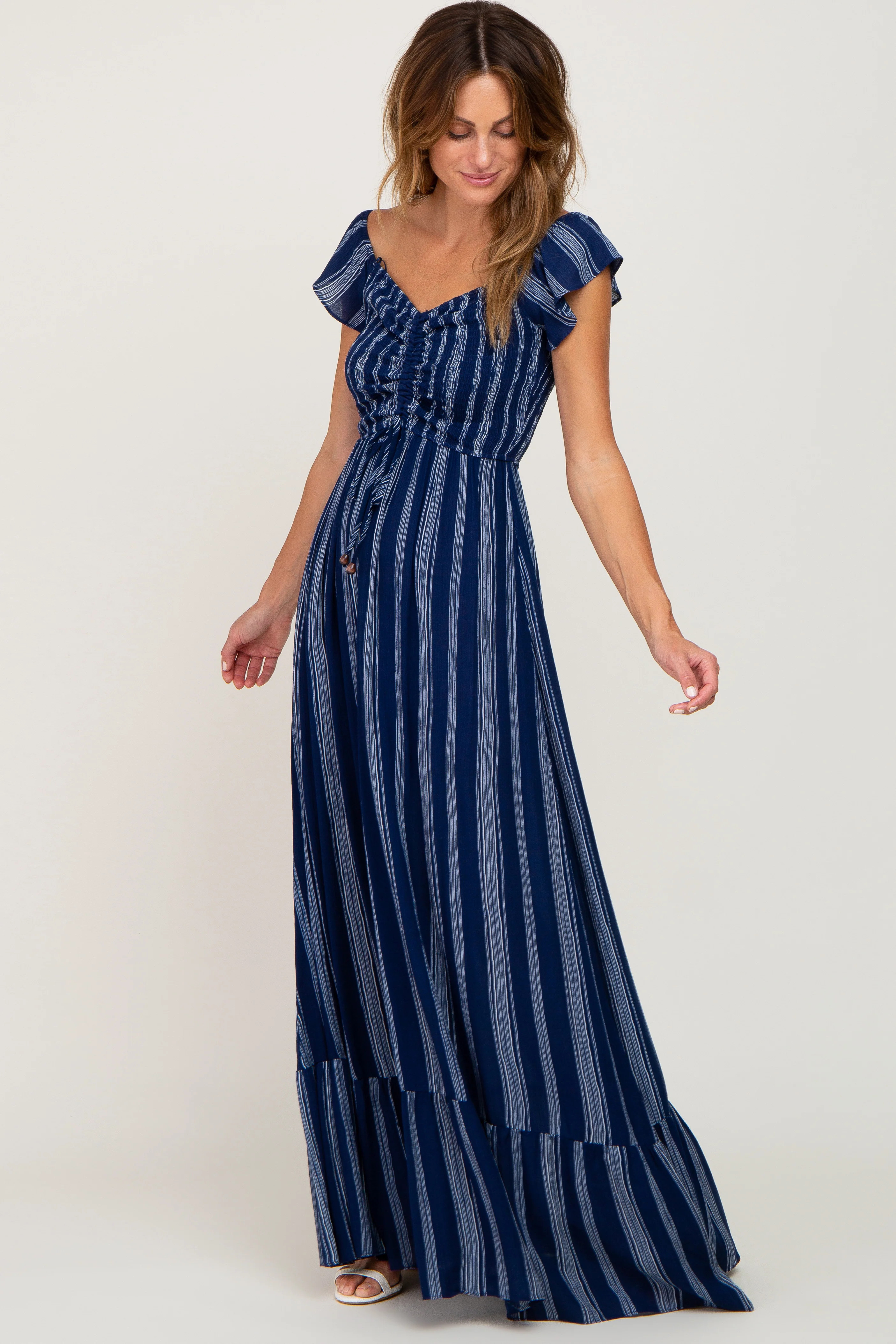 Navy Blue Striped Off Shoulder Front Tie Maxi Dress | PinkBlush Maternity