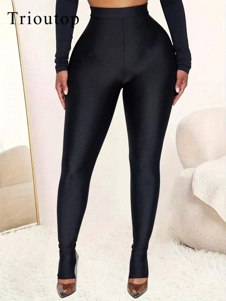 Trioutop Women's Casual Solid Black High Stretch Leggings Spring | SHEIN