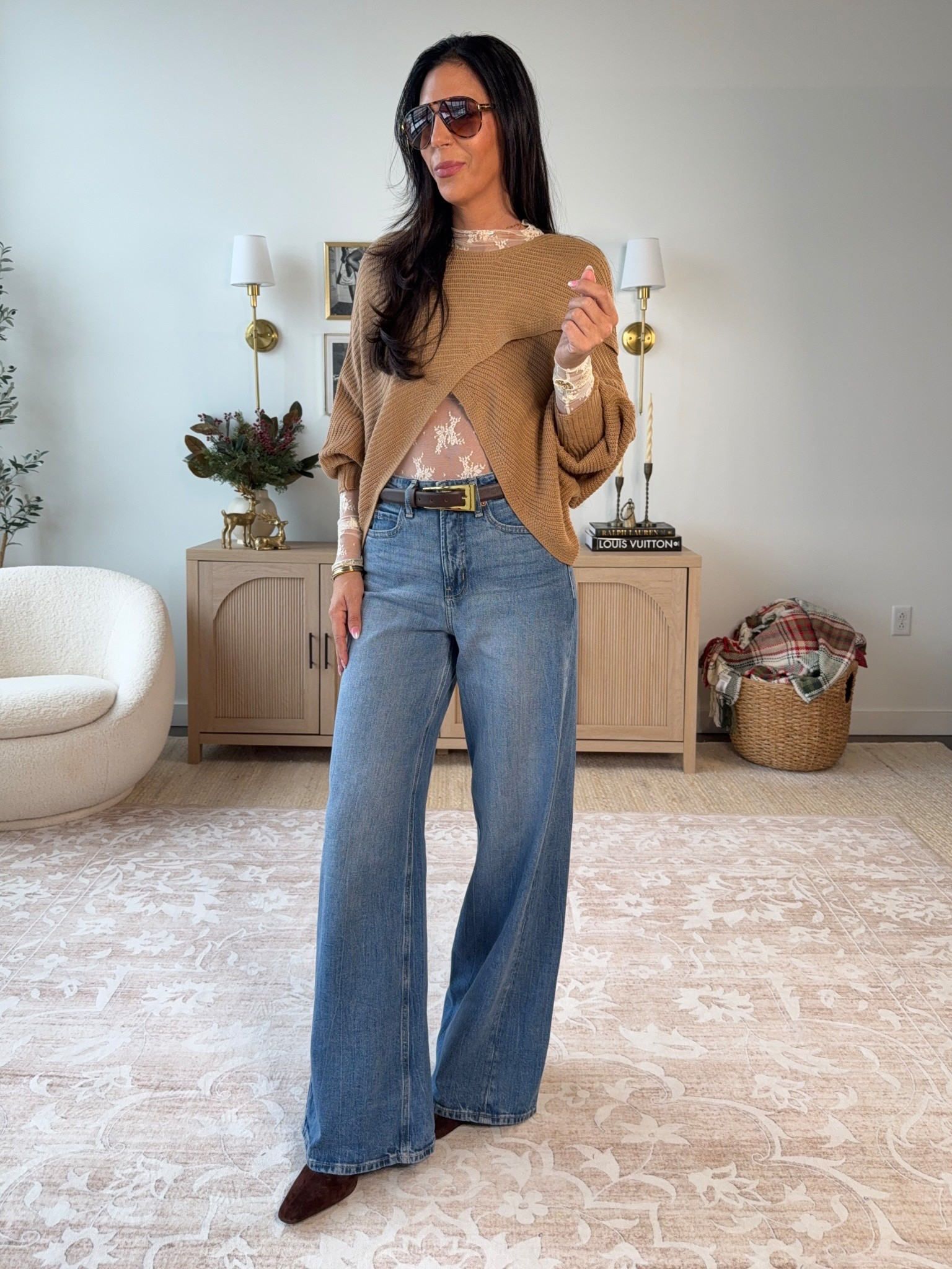 Casual & Comfortable holiday and everyday fit with a lace top, and a sweater over it. Love this paired together! 
Lace top- medium 
Top is called yellow and a small 
Denim - 2 long (run big) 

#LTKOver40 #LTKHoliday #LTKU